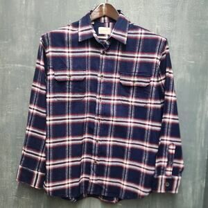 JACHS Heavyweight Flannel Button Up Shirt Mens Navy Blue White Red Pockets Large
